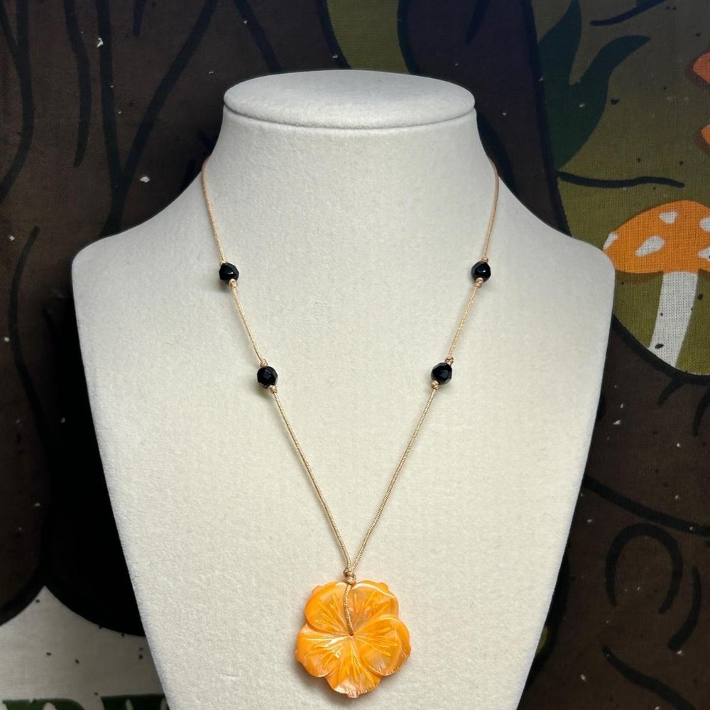 Orange Mother of pearl necklace adjustable cord dainty czech glass flower gift